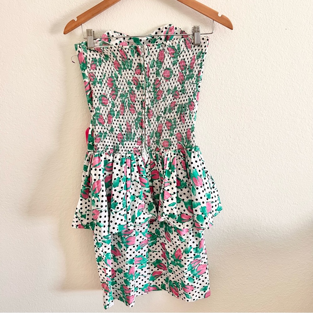 Vintage 1980s Polka Dot Floral Peplum Prom Dress Sz M - Picture 6 of 6